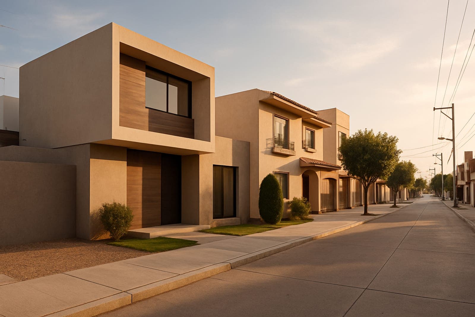 Calle residencial con una casa nueva y otra usada bien conservada en San Luis Potosí