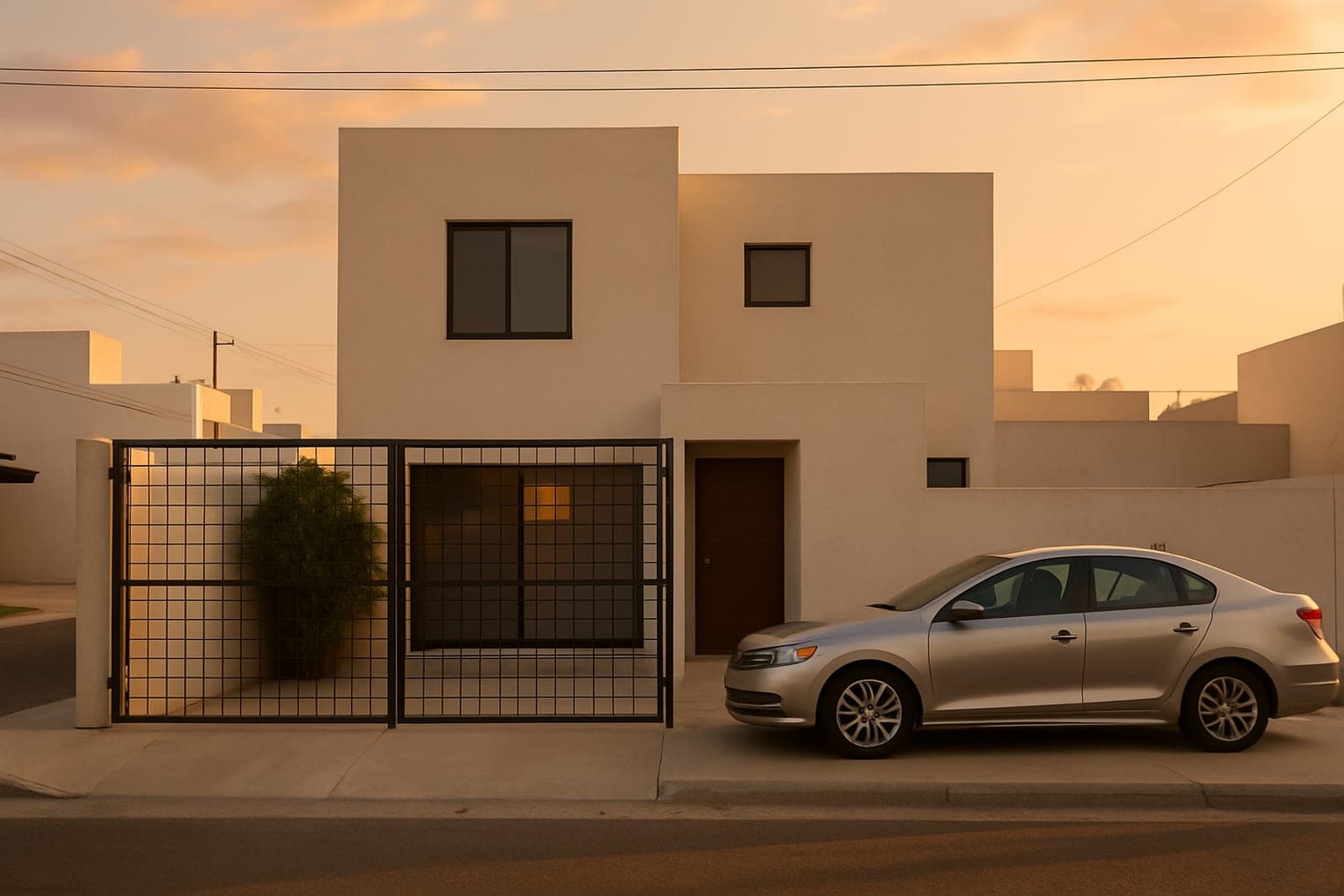 Fachada de una casa en renta en una privada de San Luis Potosí al atardecer